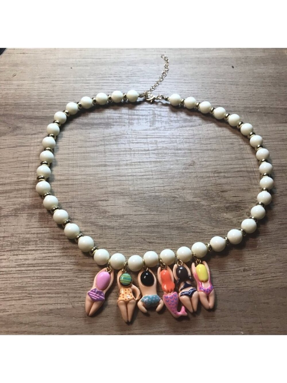 White Beaded Necklace with Colorful Swimmer  Pool Party Charms